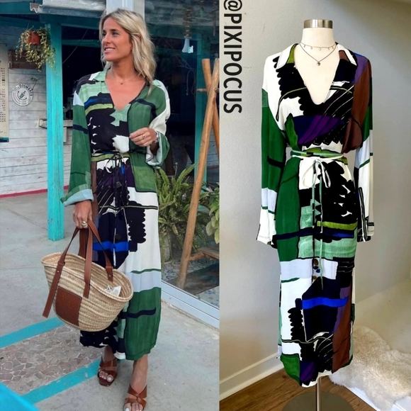 ZARA Green printed tunic kaftan belted mididress - Picture 8 of 8